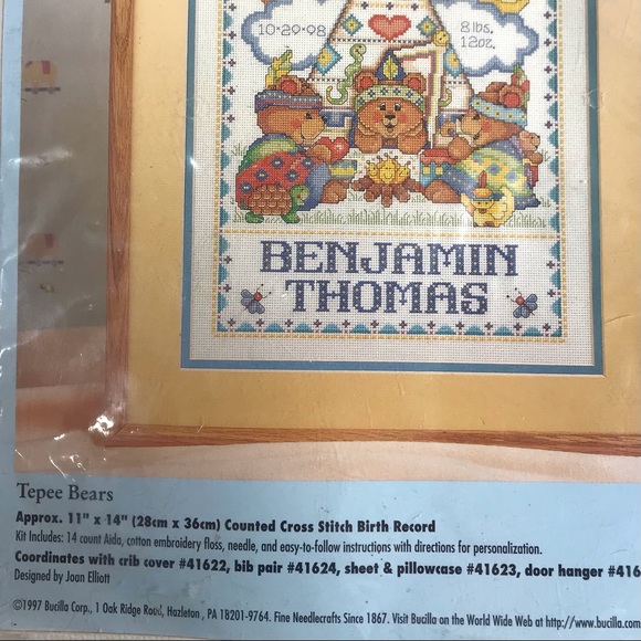 BUCILLA Tepee Bears Counted Cross Stitch Birth Record Kit 1997 - Picture 6 of 7